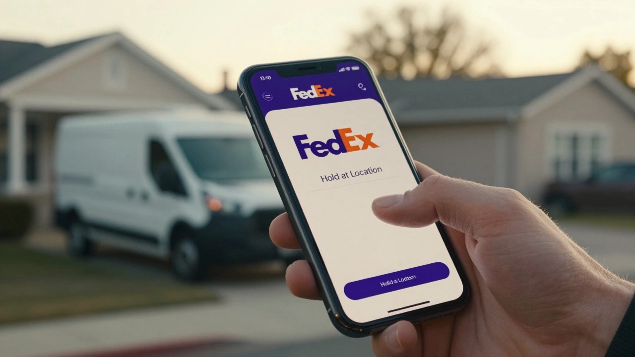 Hand tapping &#039;Hold at Location&#039; on FedEx app as delivery van waits outside.
