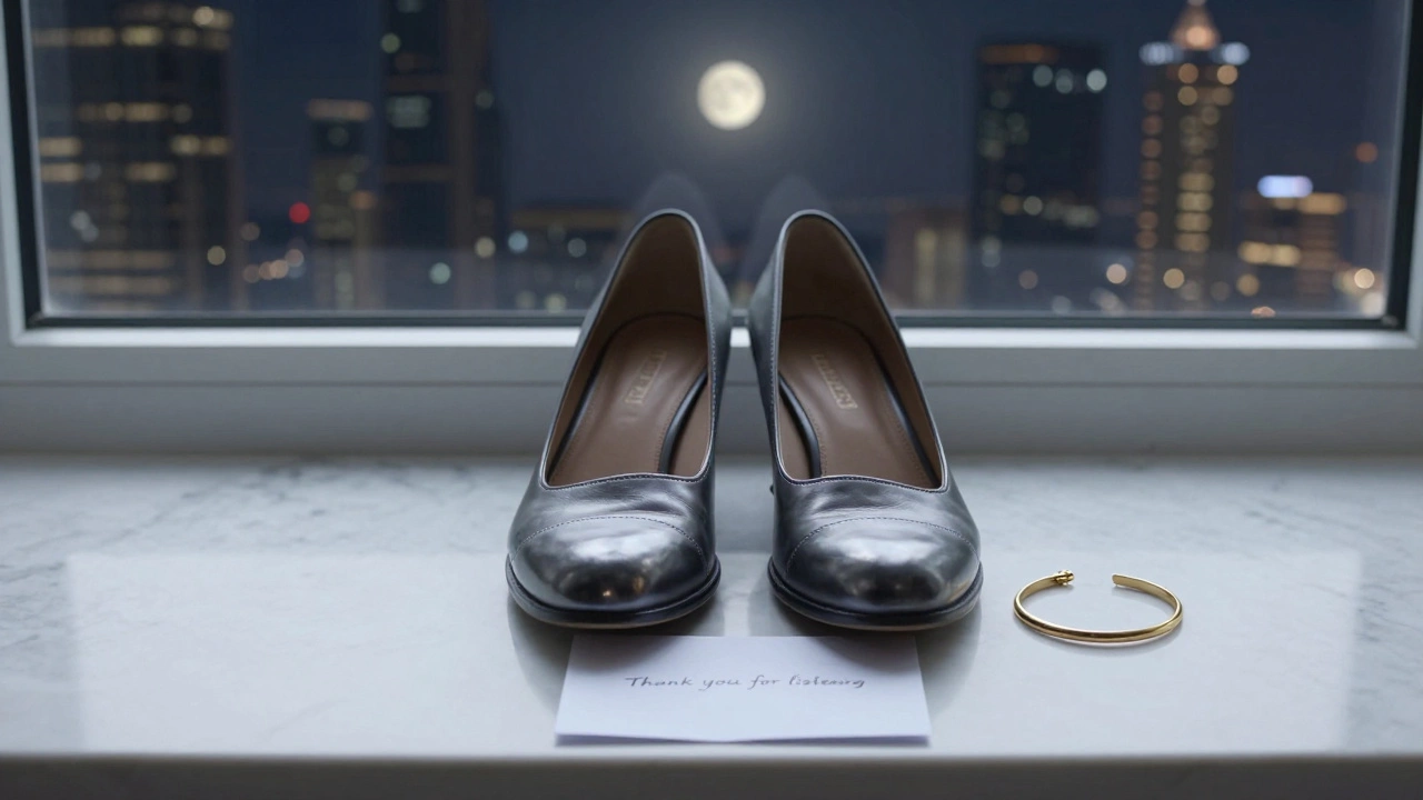 Leather shoes and a gold bangle rest on a windowsill overlooking Dubai&#039;s skyline, with a handwritten note nearby.