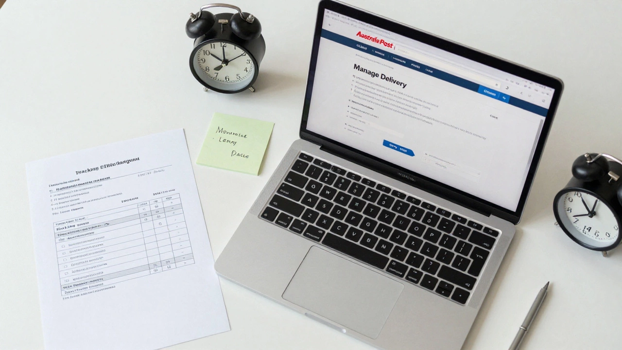 Overhead view of desk with tracking number, laptop, and clock showing critical time.