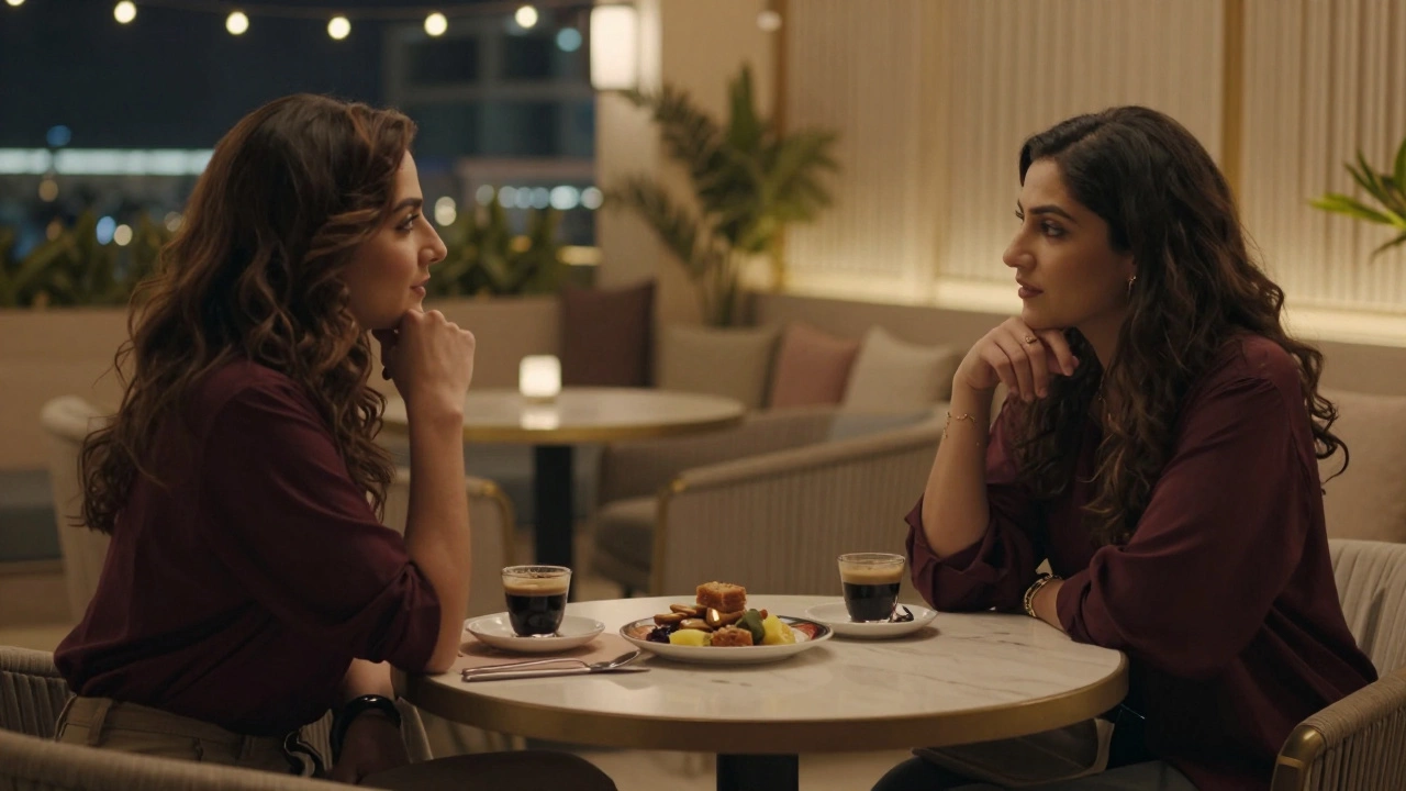 Two people engage in calm conversation at a rooftop lounge in Dubai, lit by string lights with Emirati sweets on the table.